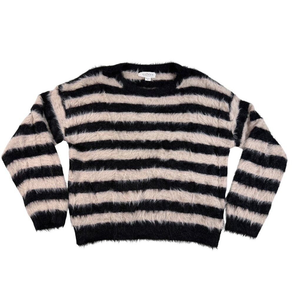 Graham & Spencer M Velvet Eyelash Knit Striped Sweater Black Blush Fuzzy‎